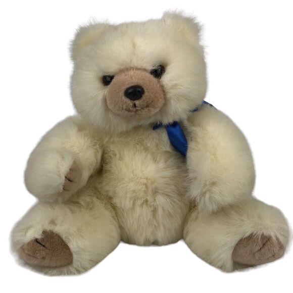 Vintage TY White Teddy Bear Plush 12'' Cream Stuffed Animal Blue Ribbon Korea - Picture 1 of 9
